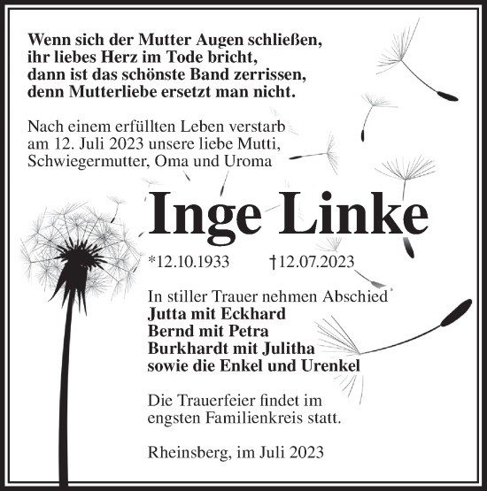 Traueranzeige von Inge Linke von Märkische Oderzeitung