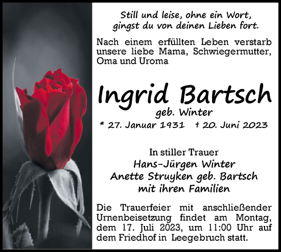 Traueranzeige von Ingrid Bartsch von Märkische Oderzeitung