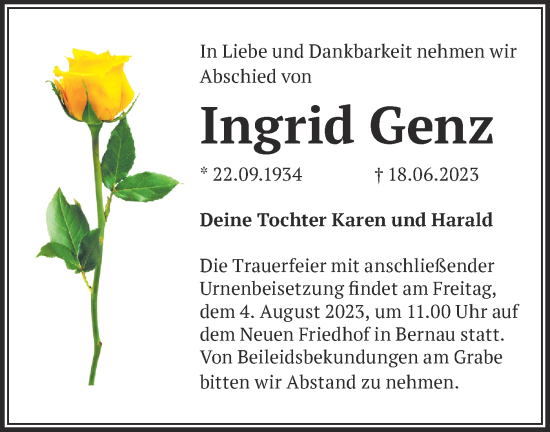 Traueranzeige von Ingrid Genz von Märkische Oderzeitung