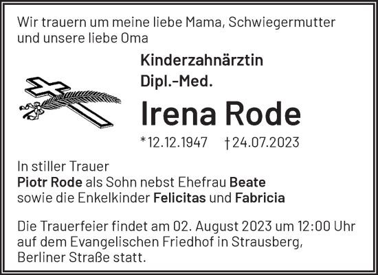 Traueranzeige von Irena Rode von Märkische Oderzeitung