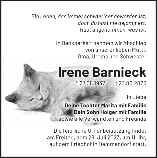 Traueranzeige von Irene Barnieck von Märkische Oderzeitung