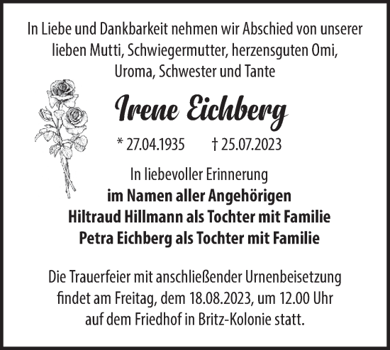 Traueranzeige von Irene Eichberg von Märkische Oderzeitung