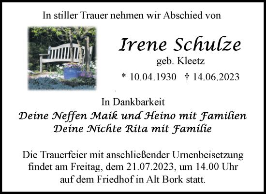 Traueranzeige von Irene Schulze von Märkische Oderzeitung