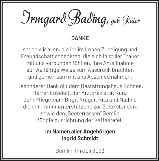 Traueranzeige von Irmgard Bading von Märkische Oderzeitung