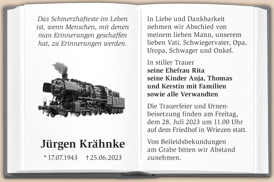 Traueranzeige von Jürgen Krähnke von Märkische Oderzeitung