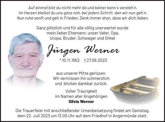 Traueranzeige von Jürgen Werner von Märkische Oderzeitung