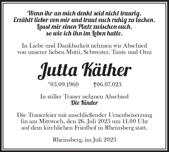 Traueranzeige von Jutta Käther von Märkische Oderzeitung