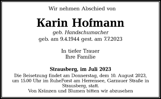 Traueranzeige von Karin Hofmann von Märkische Oderzeitung