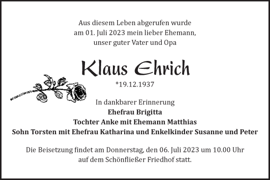 Traueranzeige von Klaus Ehrich von Märkische Oderzeitung