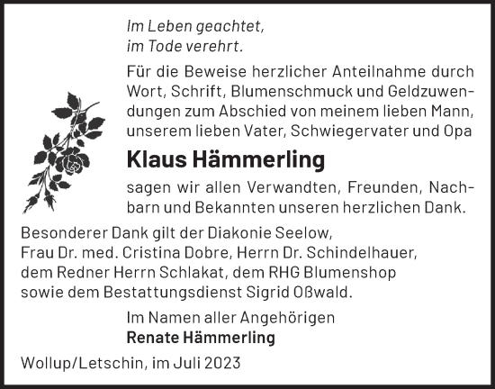 Traueranzeige von Klaus Hämmerling von Märkische Oderzeitung