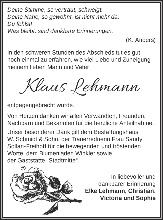 Traueranzeige von Klaus Lehmann von Märkische Oderzeitung