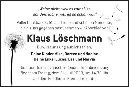 Traueranzeige von Klaus Löschmann von Märkische Oderzeitung