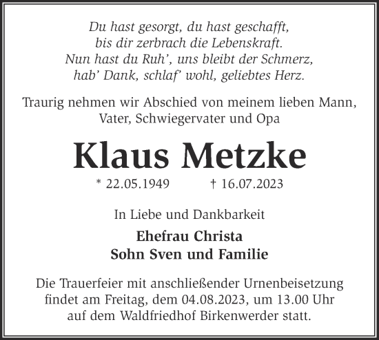 Traueranzeige von Klaus Metzke von Märkische Oderzeitung