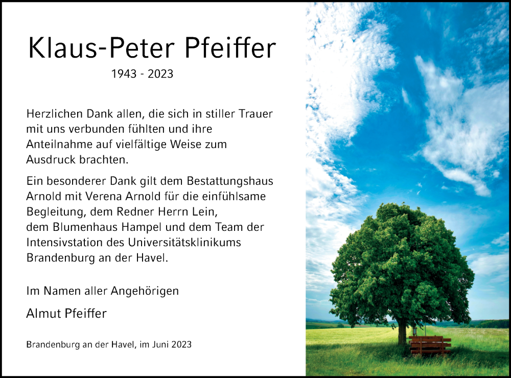  Traueranzeige für Klaus-Peter Pfeiffer vom 01.07.2023 aus Märkische Oderzeitung