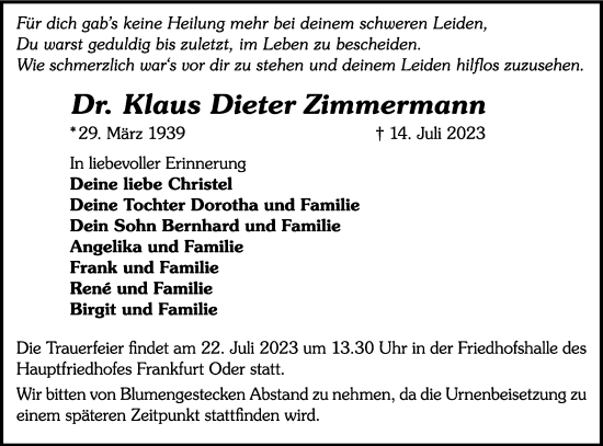 Traueranzeige von Klaus Dieter Zimmermann von Märkische Oderzeitung