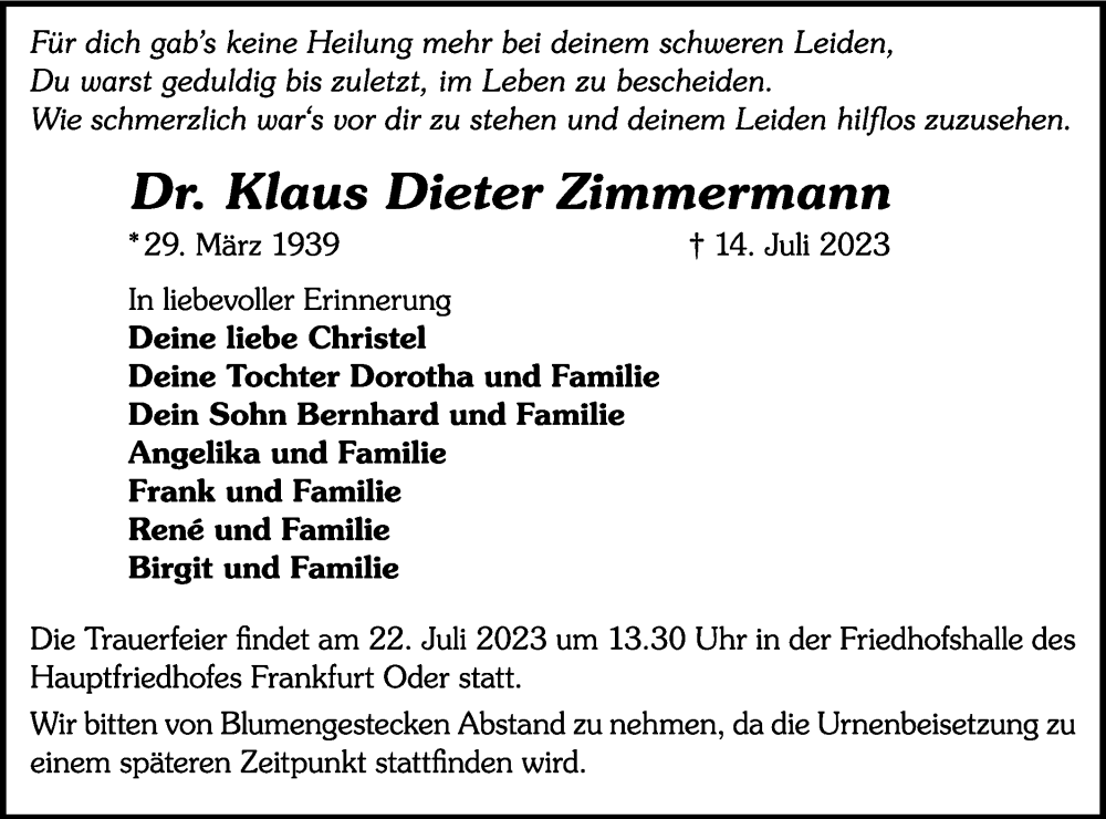  Traueranzeige für Klaus Dieter Zimmermann vom 21.07.2023 aus Märkische Oderzeitung