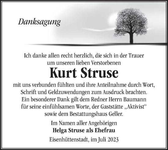 Traueranzeige von Kurt Struse von Märkische Oderzeitung