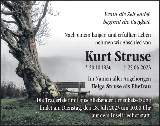 Traueranzeige von Kurt Struse von Märkische Oderzeitung