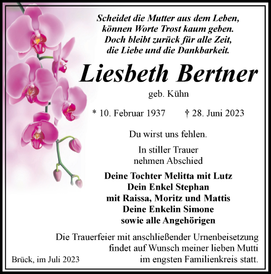 Traueranzeige von Liesbeth Bertner von Märkische Oderzeitung