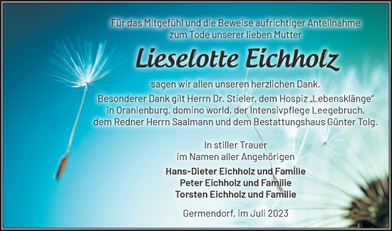 Traueranzeige von Lieselotte Eichholz von Märkische Oderzeitung