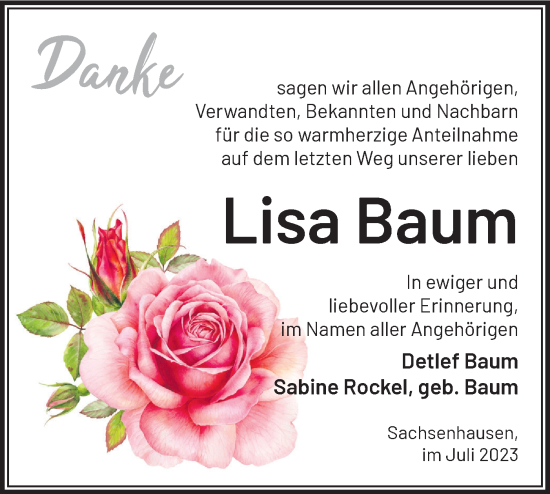 Traueranzeige von Lisa Baum von Märkische Oderzeitung