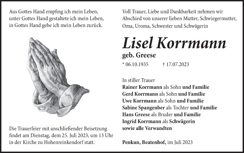  Traueranzeige für Lisel Korrmann vom 22.07.2023 aus Märkische Oderzeitung