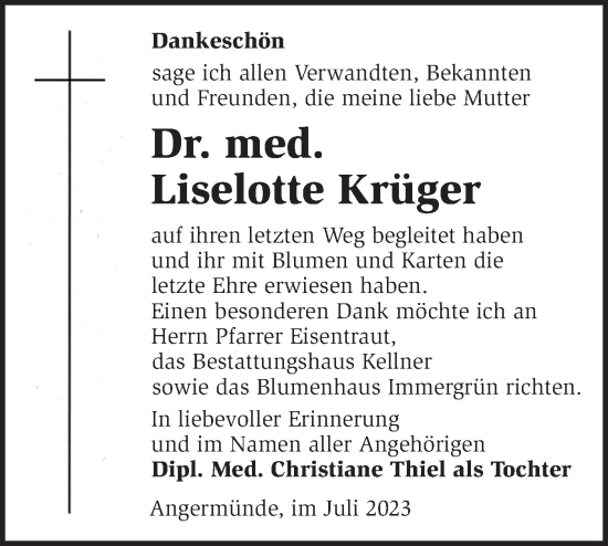 Traueranzeige von Liselotte Krüger von Märkische Oderzeitung