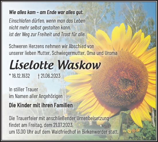 Traueranzeige von Liselotte Waskow von Märkische Oderzeitung