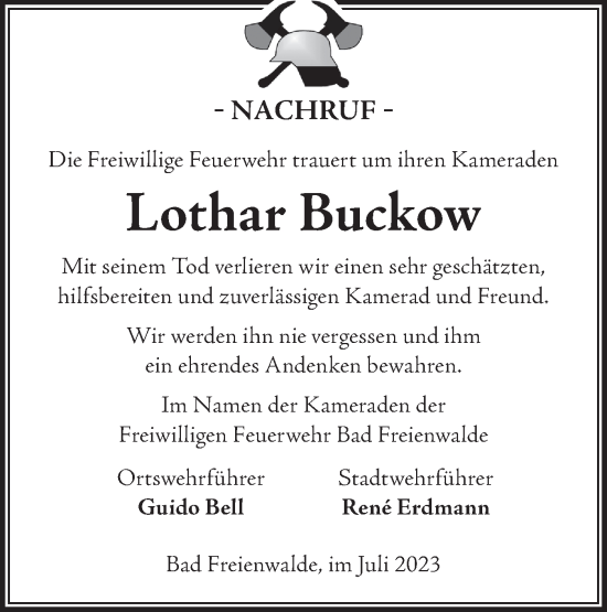 Traueranzeige von Lothar Buckow von Märkische Oderzeitung