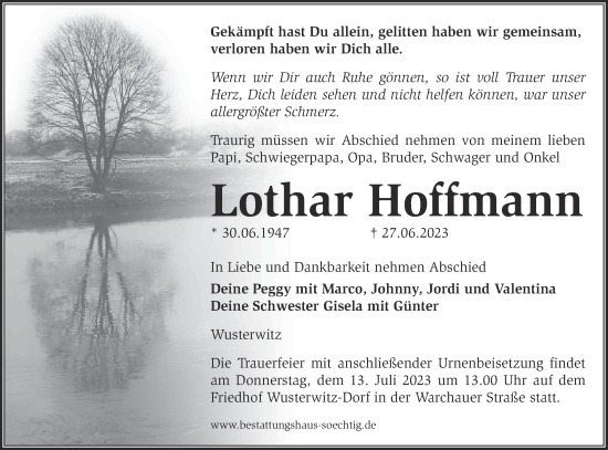 Traueranzeige von Lothar Hoffmann von Märkische Oderzeitung