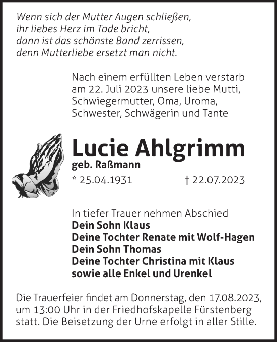 Traueranzeige von Lucie Ahlgrimm von Märkische Oderzeitung