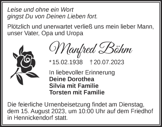 Traueranzeige von Manfred Böhm von Märkische Oderzeitung