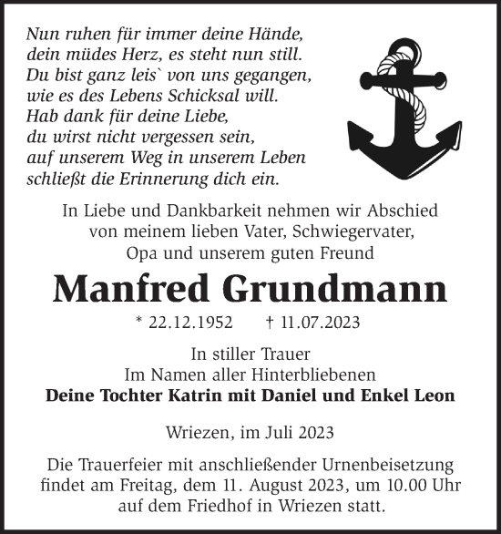 Traueranzeige von Manfred Grundmann von Märkische Oderzeitung