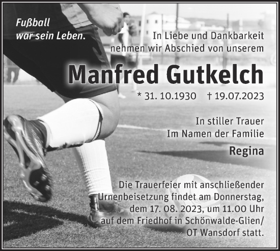 Traueranzeige von Manfred Gutkelch von Märkische Oderzeitung