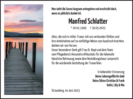 Traueranzeige von Manfred  Schlatter von Märkische Oderzeitung