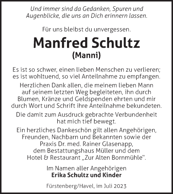 Traueranzeige von Manfred Schultz von Märkische Oderzeitung