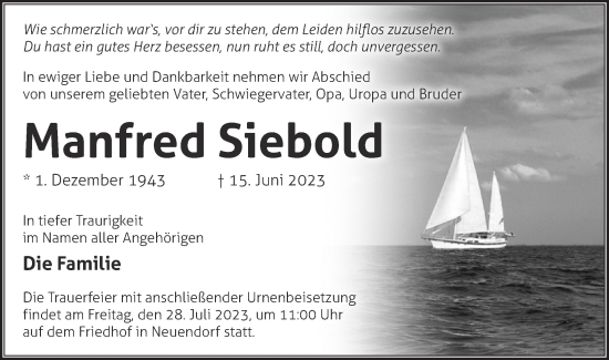 Traueranzeige von Manfred Siebold von Märkische Oderzeitung