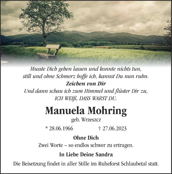 Traueranzeige von Manuela Mohring von Märkische Oderzeitung