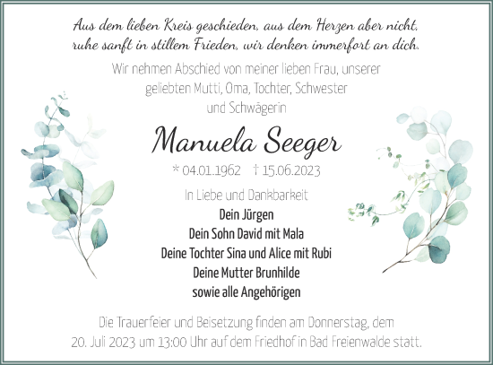 Traueranzeige von Manuela Seeger von Märkische Oderzeitung