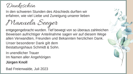 Traueranzeige von Manuela Seeger von Märkische Oderzeitung