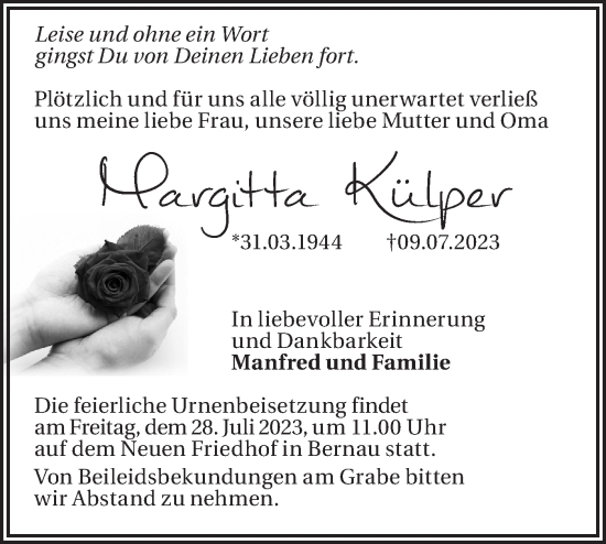 Traueranzeige von Margitta Külper von Märkische Oderzeitung