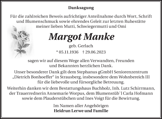 Traueranzeige von Margot Manke von Märkische Oderzeitung