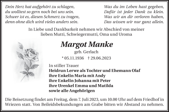 Traueranzeige von Margot Manke von Märkische Oderzeitung