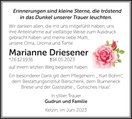 Traueranzeige von Marianne Driesener von Märkische Oderzeitung