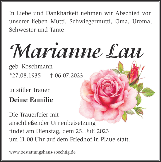 Traueranzeige von Marianne Lau von Märkische Oderzeitung