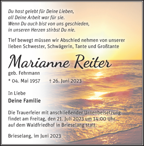 Traueranzeige von Marianne Reiter von Märkische Oderzeitung