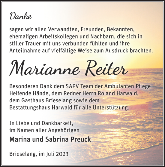 Traueranzeige von Marianne Reiter von Märkische Oderzeitung