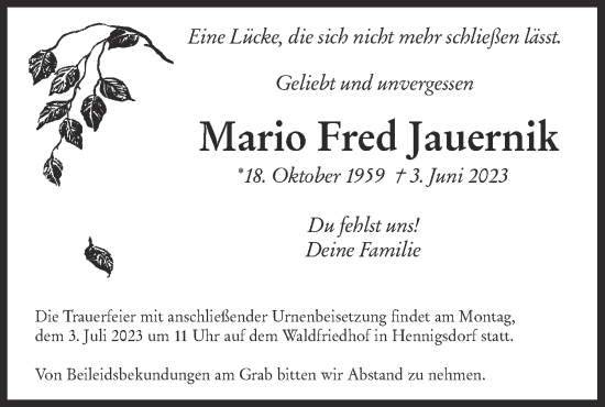 Traueranzeige von Mario Fred Jauernik von Märkische Oderzeitung