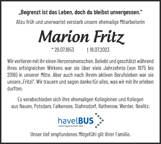 Traueranzeige von Marion Fritz von Märkische Oderzeitung