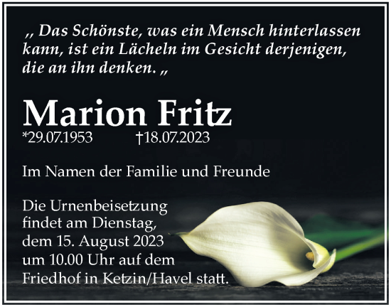 Traueranzeige von Marion Fritz von Märkische Oderzeitung